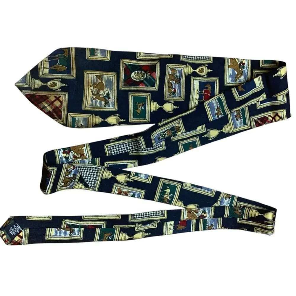 Tommy Hilfiger tie horse derby Italian silk Black art frame Gold Trophy Necktie